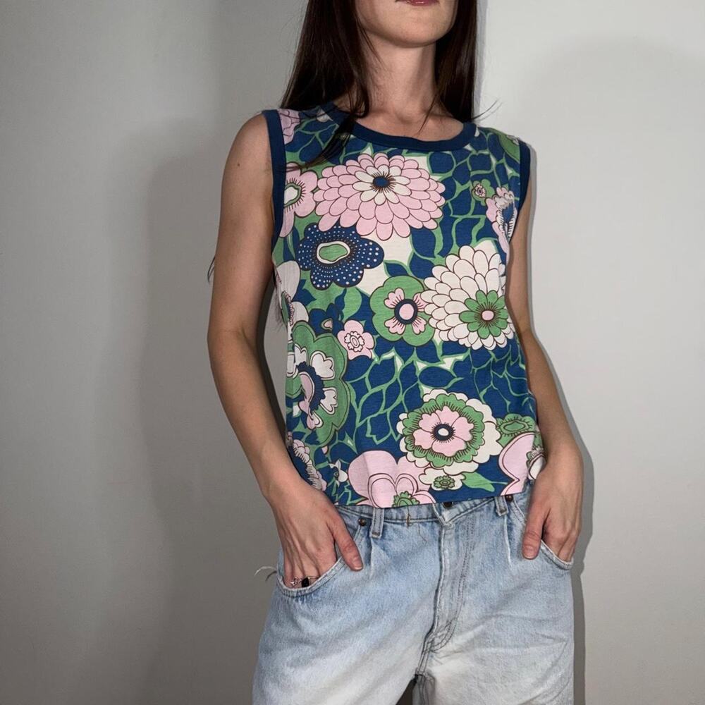 ZUCCa Made in Japan Floral Graphic Cotton Tank Top Navy Pink Size M